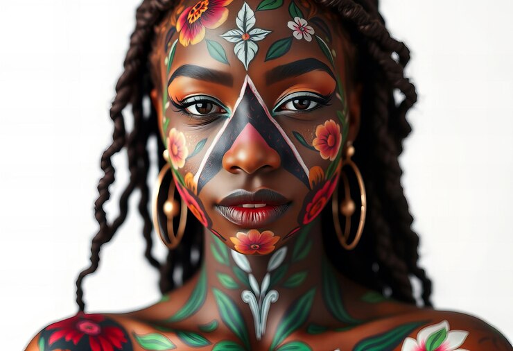 Foto mulher deslumbrante com padrões florais corpo pintar um desenho bonito e delicado