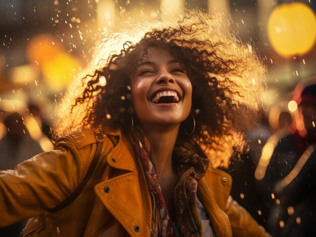 Foto mulher despreocupada dança alegremente na chuva refrescante