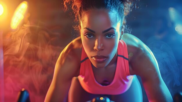 Mulher determinada e focada exercitando-se em uma bicicleta estacionária em casa Conceito Exercício em casa Exercício indoor Fitness Motivação Bicicleta estacionária Determinação