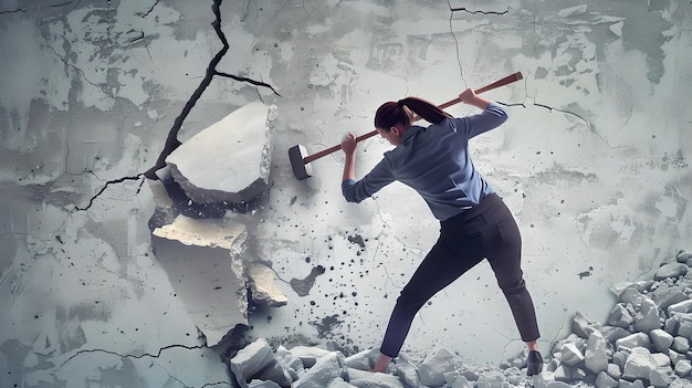 Foto mulher determinada quebrando uma parede de concreto com uma marreta símbolo de força e avanço estilo conceitual e metafórico ai