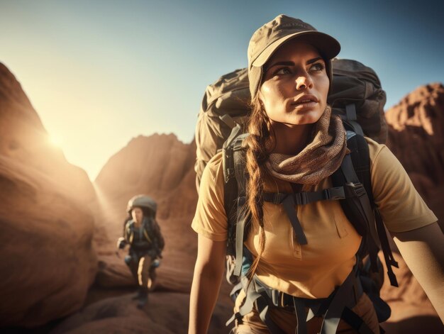 Foto mulher determinada sobe uma trilha íngreme na montanha