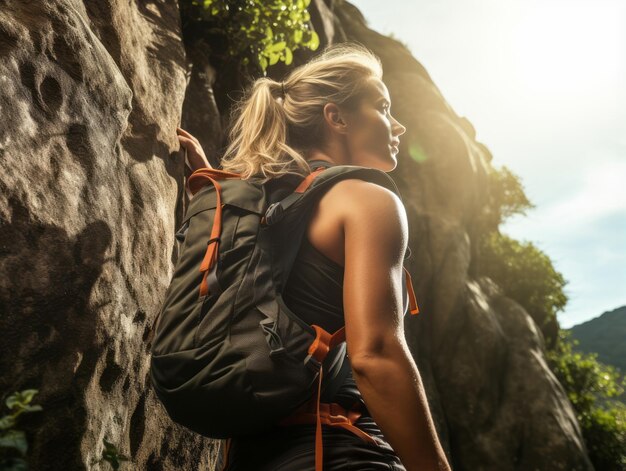 Foto mulher determinada sobe uma trilha íngreme na montanha