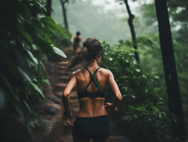 Foto mulher determinada sobe uma trilha íngreme na montanha