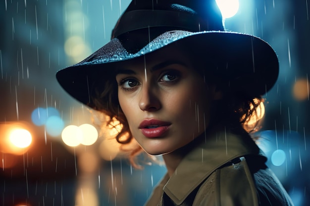 Mulher detetive de chapéu e casaco na rua noturna na chuva Retrato de realismo de alta qualidade de AI generativa