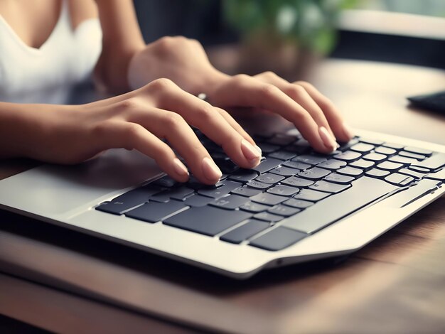 Mulher digitando à mão no teclado de um laptop