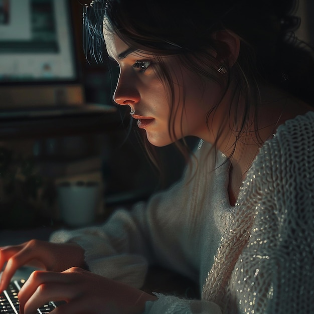 Mulher digitando no laptop com determinação