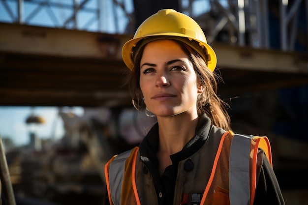 Foto mulher diligente no canteiro de obras, abraçando o trabalho de construção ai generativo