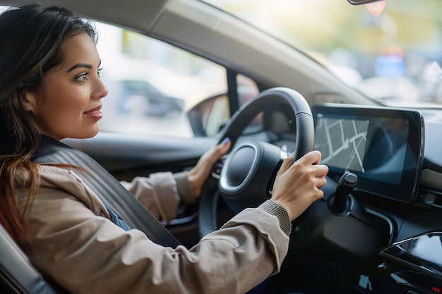 Mulher dirige um veículo moderno com um navegador de tela sensível ao toque
