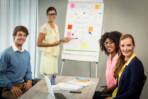 Mulher discutindo fluxograma no quadro branco com colegas de trabalho