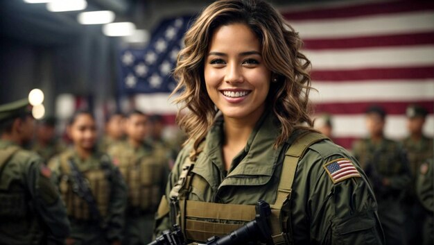 Foto mulher do exército dos estados unidos com bandeira nacional