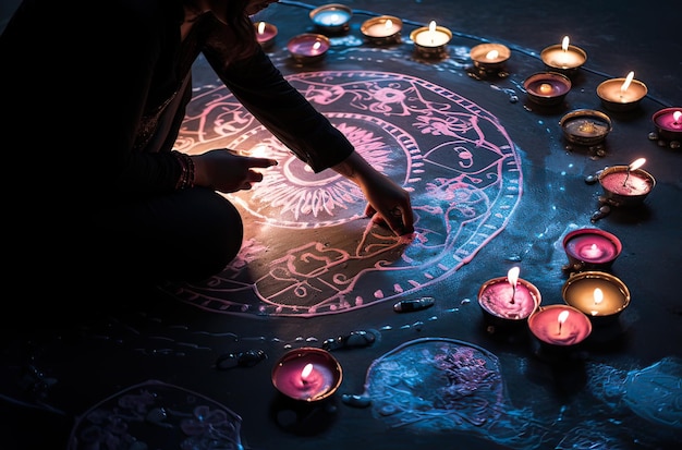 mulher do festival de diwali desenhando uma mandala cercada por velas