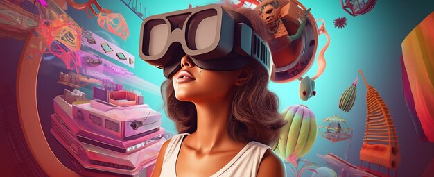 Mulher do futuro areia realidade óculos digitais vr viagem abstrata tecnologia virtual IA generativa