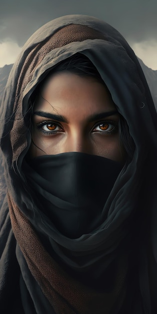 Mulher do Oriente Médio vestindo um niqab hijab preto olha diretamente para a câmera com leve tristeza AIGenerated