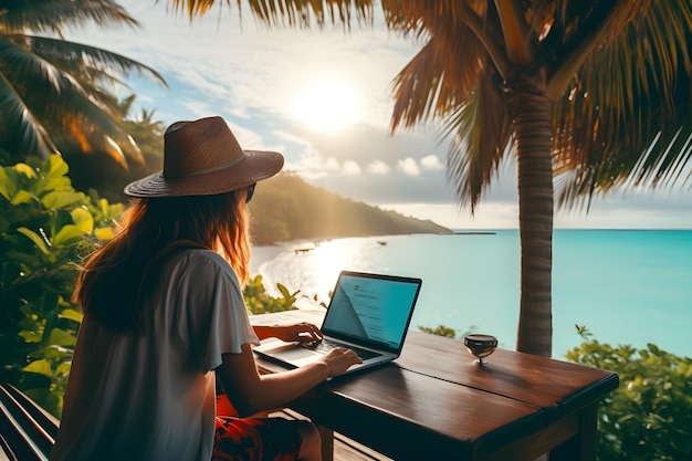 Mulher do paraíso de trabalho remoto usando laptop na varanda de uma praia tropical