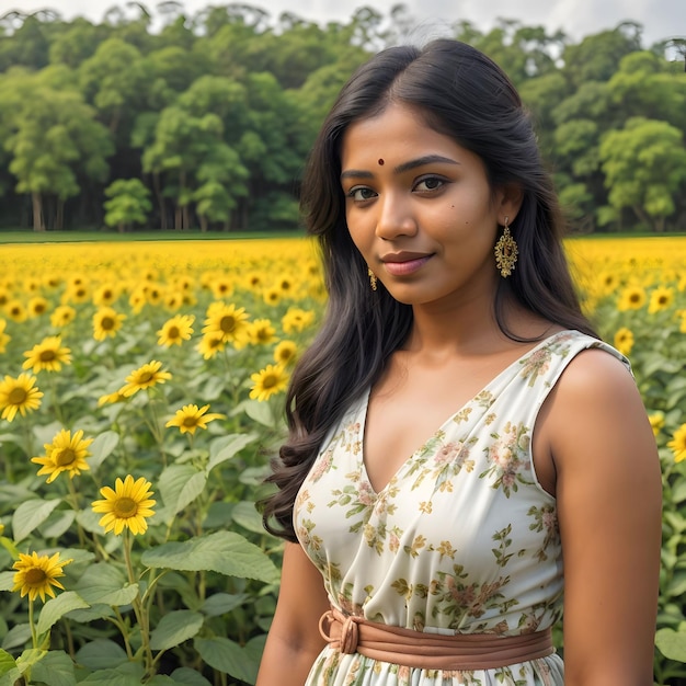 Foto mulher do sri lanka num campo de flores