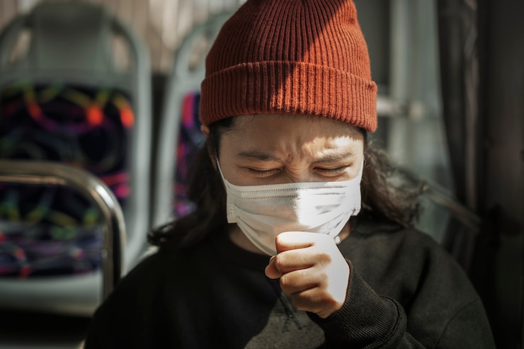 Foto mulher doente com máscara tossindo em público durante a pandemia de coronavírus