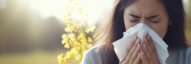 Foto mulher doente com secreção nasal devido a gripe ou alergias