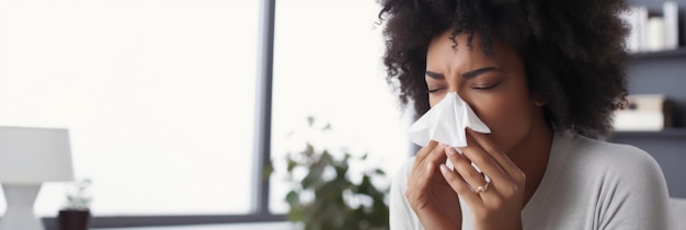 mulher doente com secreção nasal devido a gripe ou alergias