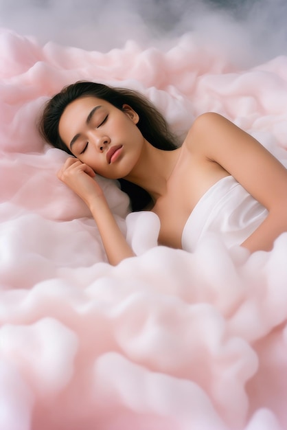 Mulher dormindo em um cobertor rosa