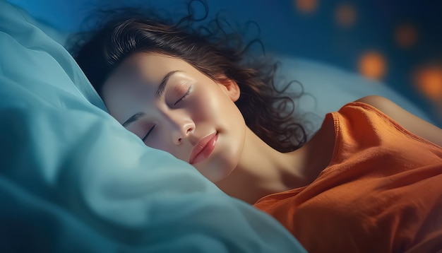 mulher dormindo na cama à noite com os olhos fechados