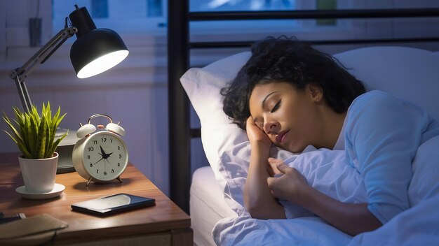 Foto mulher dormindo na cama perto do despertador em uma mesa de madeira