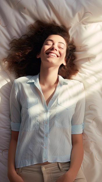 Foto mulher dormindo sorrindo no colchão