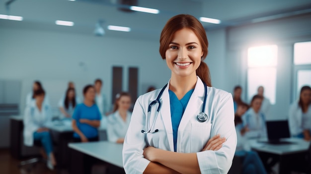 Mulher doutor sorridente de pé na clínica