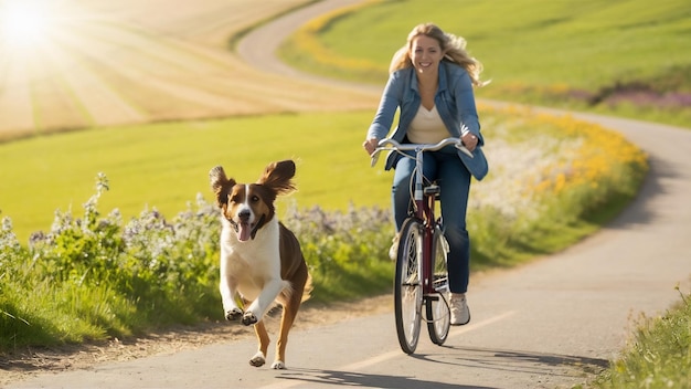 Mulher e cão feliz a dar um passeio