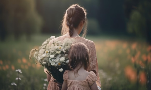 Mulher e criança com buquê de flores contra fundo verde desfocado Conceito de férias em família de primavera Dia da mulher generativa AI