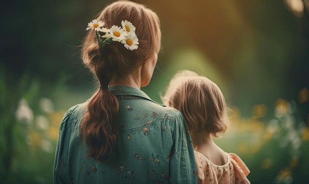 Mulher e criança com buquê de flores contra fundo verde desfocado Conceito de férias em família de primavera Dia da mulher generativa AI