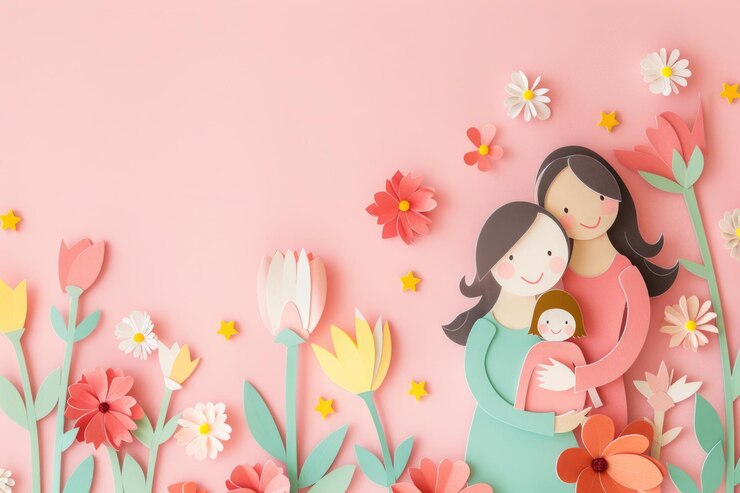Foto mulher e criança com flores papel de parede de fundo com espaço de cópia