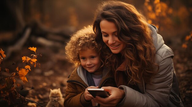 Mulher e criança envolvidas com a IA gerativa do telemóvel