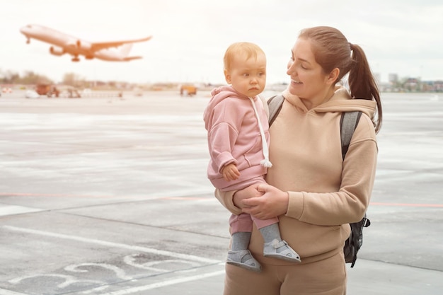 Foto mulher e criança estão do lado de fora do aeroporto à espera do avião