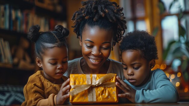 Mulher e dois filhos abrindo caixa de presentes