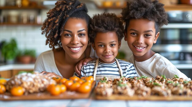 Mulher e dois filhos de pé em frente a uma mesa cheia de comida