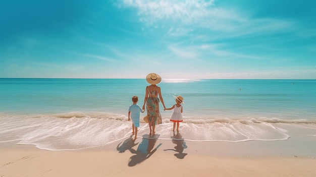 mulher e filhos na praia no mar viagens e férias