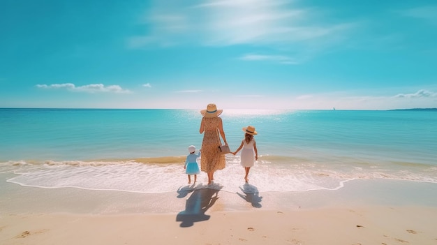 mulher e filhos na praia no mar viagens e férias