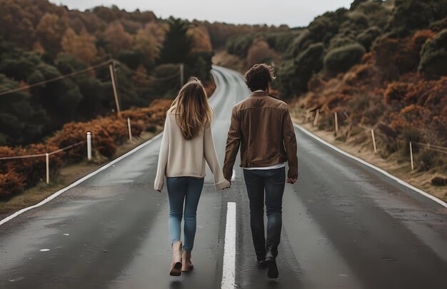 Foto mulher e homem caminhando ao longo da estrada estilo romântico homem e mulher segurando as mãos