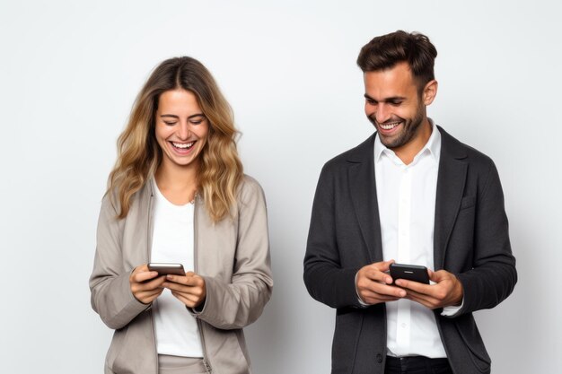 mulher e homem com telefone em fundo branco