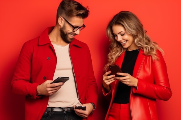 mulher e homem com telefone em fundo vermelho