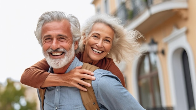 Mulher e homem curtindo uma aposentadoria juntos ao ar livre enquanto sorriam e pegavam carona Generative AI