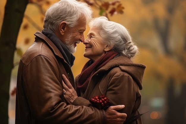 Mulher e homem mais velhos abraçam-se e beijam-se
