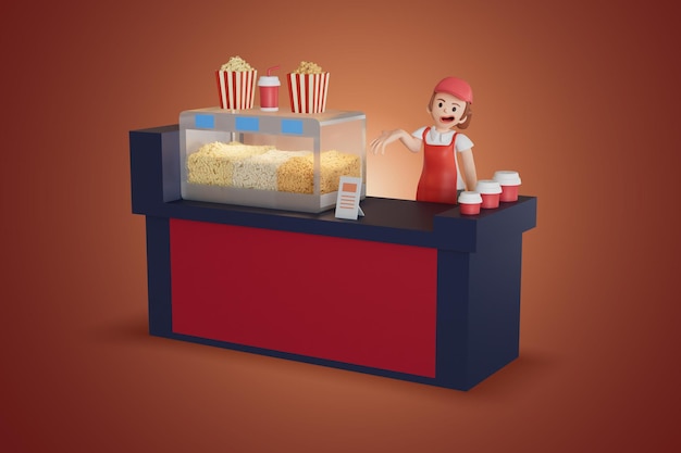 Mulher e loja de pipoca em uma ilustração de renderização 3D de cinema