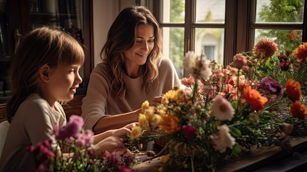 Mulher e menina sentadas à mesa com flores para o dia das mães