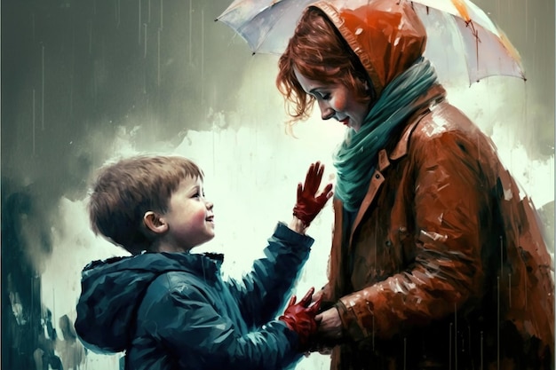 Mulher e menino sob a chuva A mulher dá um guarda-chuva para o menino na chuva Pintura de ilustração de estilo de arte digital