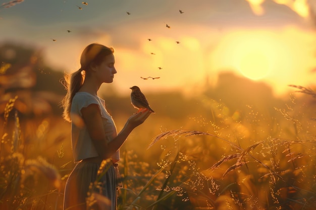 Mulher e pássaro na natureza ao pôr-do-sol simbolizando a esperança