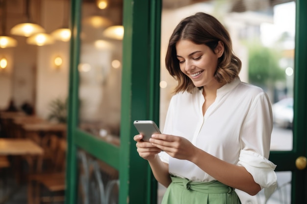 Mulher é vista olhando para seu smartphone Esta imagem pode ser usada para representar a tecnologia de comunicação moderna ou o uso de mídias sociais