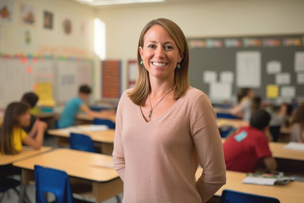 Mulher educadora confiante sorrindo com sala de aula suavemente desfocada no fundo honrando o Dia dos Professores39