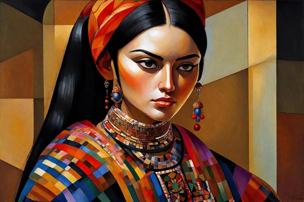 Mulher egípcia com maquiagem brilhante no fundo da parede