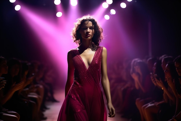 Mulher elegante caminha no pódio em vestido de cor viva magenta em desfile de moda generativo ai